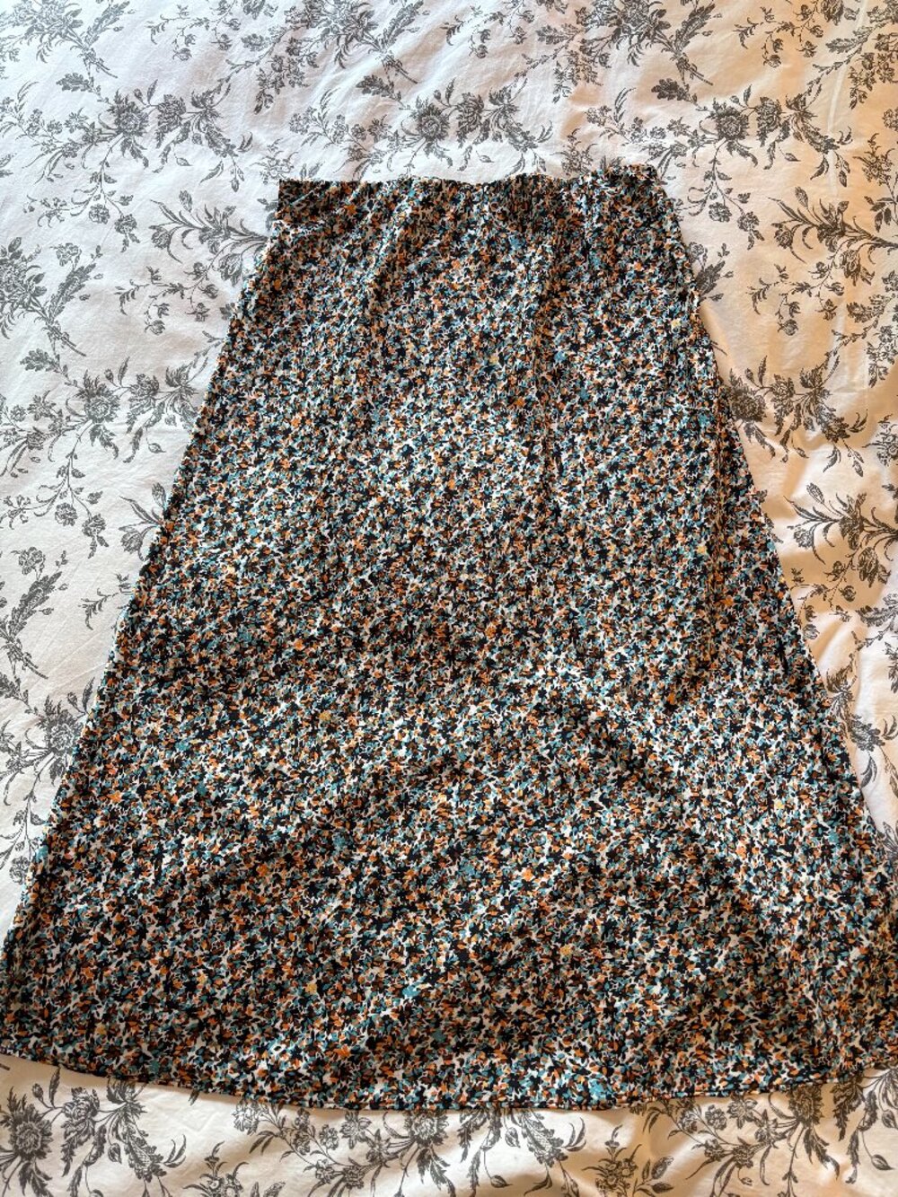 Loft floral orange and blue satin midi skirt, women's M